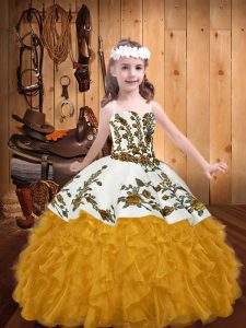 Floor Length Gold Pageant Dresses Organza Sleeveless Embroidery and Ruffles