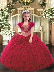 Floor Length Red Little Girl Pageant Dress Organza Sleeveless Beading and Ruffles