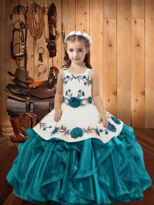 Organza Straps Sleeveless Lace Up Embroidery and Ruffles Glitz Pageant Dress in Teal