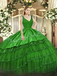 Flirting Quinceanera Gown Sweet 16 and Quinceanera with Beading and Embroidery and Ruffled Layers V-neck Sleeveless Zipper