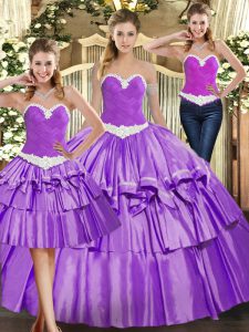 Fashionable Sleeveless Organza Floor Length Lace Up Sweet 16 Quinceanera Dress in Eggplant Purple with Appliques and Ruffled Layers