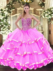 Rose Pink Sweetheart Neckline Beading and Ruffled Layers Ball Gown Prom Dress Sleeveless Lace Up