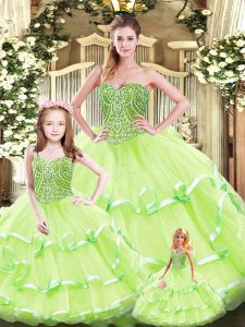 Best Yellow Green Sweetheart Neckline Beading and Ruffled Layers Vestidos de Quinceanera Sleeveless Lace Up