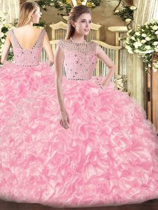Rose Pink Zipper Bateau Beading and Ruffles 15 Quinceanera Dress Tulle Sleeveless