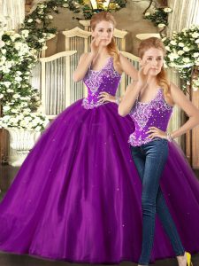 Purple Straps Lace Up Beading Sweet 16 Dresses Sleeveless
