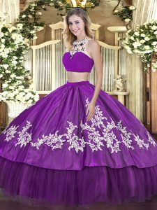 Sleeveless Floor Length Beading and Appliques and Ruffles Backless Quinceanera Dress with Purple