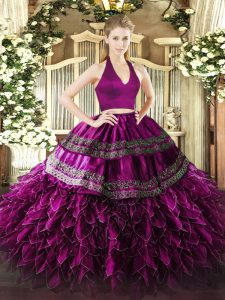 Appliques and Ruffles Quinceanera Gowns Fuchsia Zipper Sleeveless Floor Length