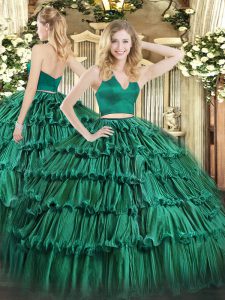 Dark Green Two Pieces Ruffled Layers 15th Birthday Dress Zipper Organza Sleeveless Floor Length