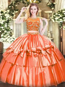 Orange Red Sleeveless Beading and Ruffled Layers Floor Length 15th Birthday Dress