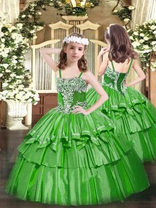 Floor Length Lace Up Little Girls Pageant Dress Wholesale Green for Party and Quinceanera with Appliques and Ruffled Layers