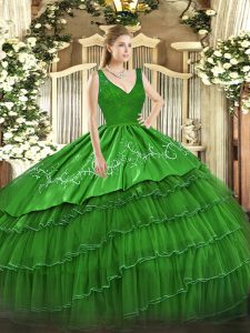 Smart Green Organza and Taffeta Backless Quinceanera Dresses Sleeveless Floor Length Beading and Lace and Embroidery and Ruffled Layers