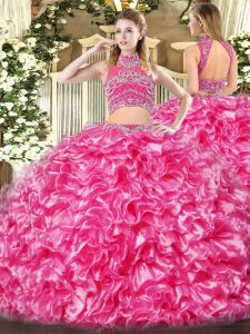 Hot Pink Two Pieces Beading and Ruffles Quinceanera Gown Backless Tulle Sleeveless Floor Length