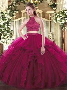 Ideal Fuchsia Two Pieces Beading and Ruffles Sweet 16 Quinceanera Dress Backless Tulle Sleeveless Floor Length