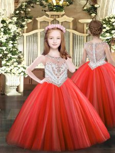 Perfect Scoop Sleeveless Pageant Gowns Floor Length Beading Coral Red Tulle