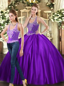 Great Purple Tulle Lace Up Sweet 16 Quinceanera Dress Sleeveless Floor Length Beading