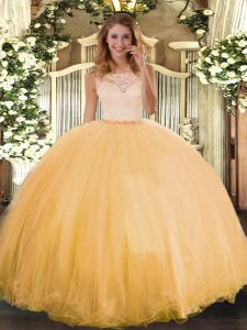 Cheap Tulle Scoop Sleeveless Clasp Handle Lace Sweet 16 Quinceanera Dress in Gold