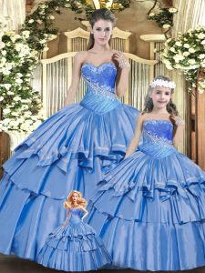 Custom Designed Baby Blue Organza Lace Up 15 Quinceanera Dress Sleeveless Floor Length Beading and Ruffles