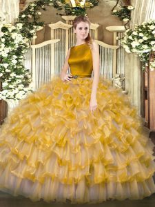 Clearance Gold Ball Gowns Ruffled Layers Sweet 16 Dress Clasp Handle Organza Sleeveless Floor Length