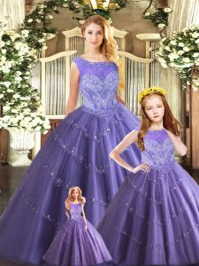 Dazzling Lavender Tulle Lace Up Quinceanera Dress Sleeveless Floor Length Beading