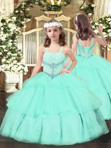Modern Apple Green Sleeveless Organza Lace Up Little Girls Pageant Gowns for Party and Quinceanera