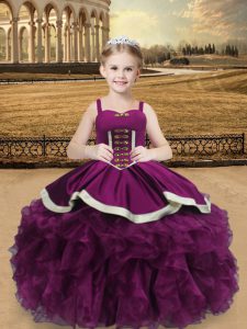 High Class Floor Length Purple Pageant Dress for Girls Straps Sleeveless Lace Up