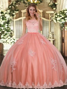 Perfect Watermelon Red Sleeveless Lace and Appliques Floor Length 15th Birthday Dress