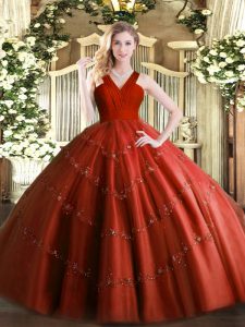 Fancy Rust Red Sleeveless Tulle Zipper Sweet 16 Dresses for Military Ball and Sweet 16 and Quinceanera