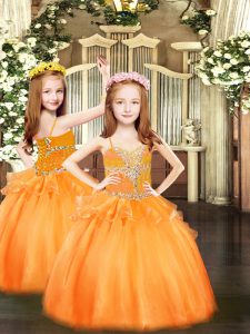 Organza Spaghetti Straps Sleeveless Lace Up Beading Evening Gowns in Orange
