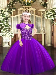Floor Length Lace Up Little Girl Pageant Dress Purple for Party and Quinceanera with Beading