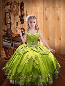 Yellow Green Ball Gowns Off The Shoulder Sleeveless Satin Floor Length Lace Up Beading and Embroidery Pageant Gowns For Girls