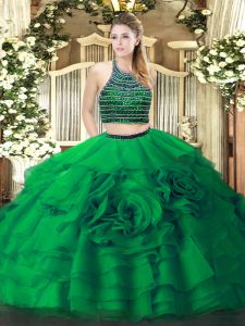 Two Pieces Ball Gown Prom Dress Green Halter Top Tulle Sleeveless Floor Length Zipper