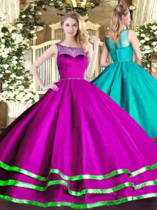 Fuchsia Sleeveless Beading and Ruffled Layers Floor Length Ball Gown Prom Dress