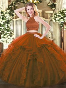 Floor Length Two Pieces Sleeveless Brown 15th Birthday Dress Backless