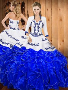 Dramatic Blue And White Sleeveless Embroidery and Ruffles Floor Length Quinceanera Gowns