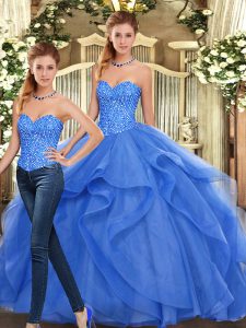 Blue Ball Gowns Beading and Ruffles Sweet 16 Dresses Lace Up Organza Sleeveless Floor Length