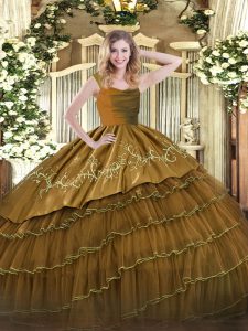 Great Brown Ball Gowns Straps Sleeveless Satin and Organza Floor Length Zipper Embroidery and Ruffled Layers Quinceanera Gowns