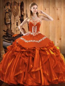 Rust Red Satin and Organza Lace Up Sweetheart Sleeveless Floor Length Quinceanera Gown Embroidery and Ruffles
