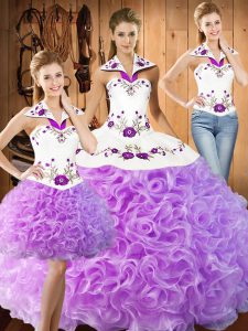 Lilac Three Pieces Fabric With Rolling Flowers Halter Top Sleeveless Embroidery Floor Length Lace Up 15th Birthday Dress