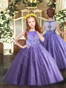 Most Popular Lavender Tulle Zipper Scoop Sleeveless Floor Length Little Girls Pageant Dress Wholesale Beading and Appliques