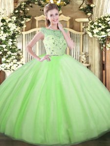 Perfect Yellow Green Tulle Zipper Bateau Sleeveless Floor Length Sweet 16 Dresses Beading