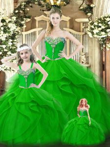 Perfect Sweetheart Sleeveless Quinceanera Gowns Floor Length Beading and Ruffles Green Organza