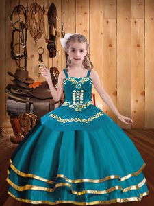 Excellent Sleeveless Floor Length Embroidery and Ruffled Layers Lace Up High School Pageant Dress with Teal