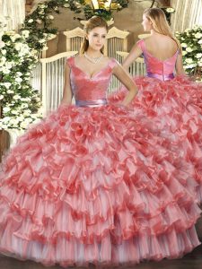 Affordable Watermelon Red Sleeveless Ruffled Layers Floor Length Sweet 16 Quinceanera Dress