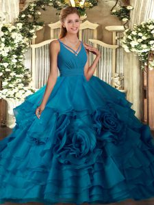 V-neck Sleeveless Vestidos de Quinceanera Floor Length Ruffled Layers Teal Organza