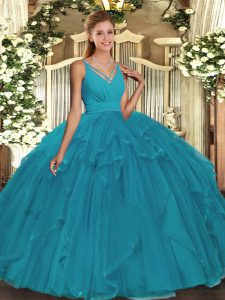 Nice Teal Ball Gowns Ruffles Quinceanera Dresses Backless Organza Sleeveless Floor Length