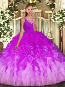 Traditional V-neck Sleeveless Quince Ball Gowns Floor Length Beading and Ruffles Multi-color Tulle