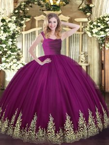 Straps Sleeveless Zipper Quince Ball Gowns Fuchsia Tulle