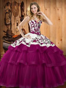 Flirting Fuchsia Organza Lace Up Sweetheart Sleeveless Floor Length Sweet 16 Dress Embroidery