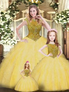 Beading and Ruffles 15 Quinceanera Dress Gold Lace Up Sleeveless Floor Length