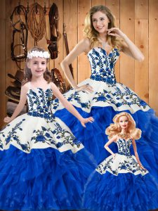 Blue Lace Up Sweetheart Embroidery and Ruffles Quinceanera Dresses Satin and Organza Sleeveless